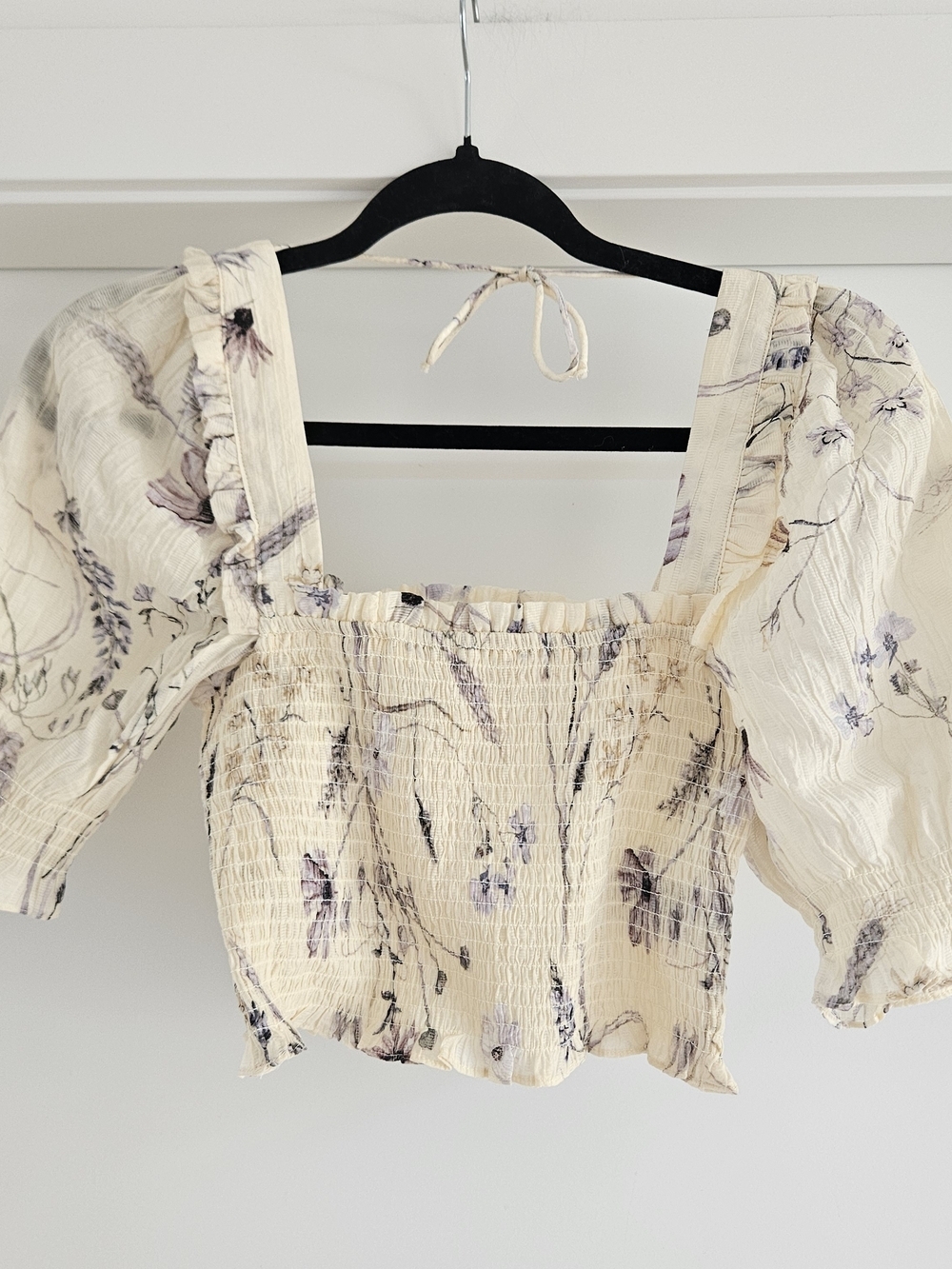 H&M Cream Floral Smocked Square-Neck Crop Top with Puff Sleeves